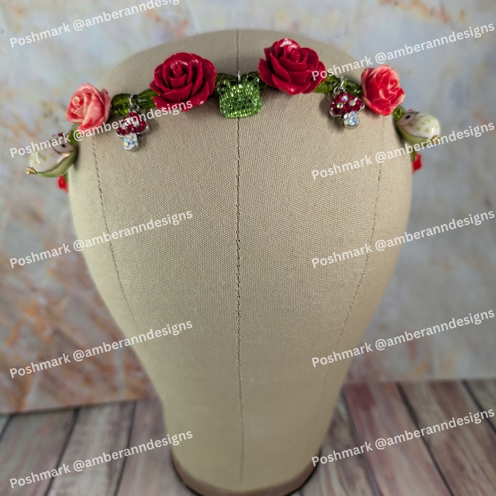 Red Rose & Green Leaf Floral Headband w/ Frog, Mushroom, and Owl Charms